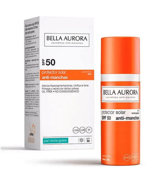 bella aurora gel solaire anti taches peaux mixtes grasses spf 50 50 ml | urban drug store