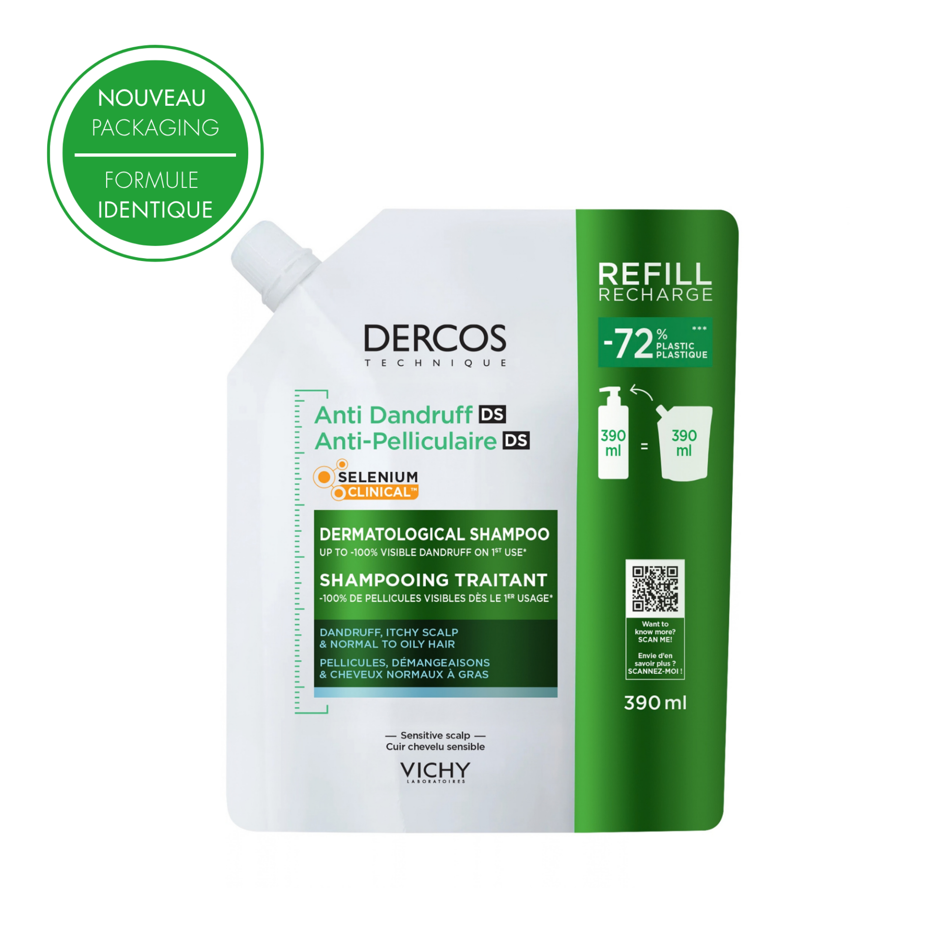 Dercos Shampoing Anti-Pelliculaire Cheveux Gras Refill Recharge 390ml 1 Dercos Shampoing Anti-Pelliculaire Cheveux Gras Refill Recharge 390ml