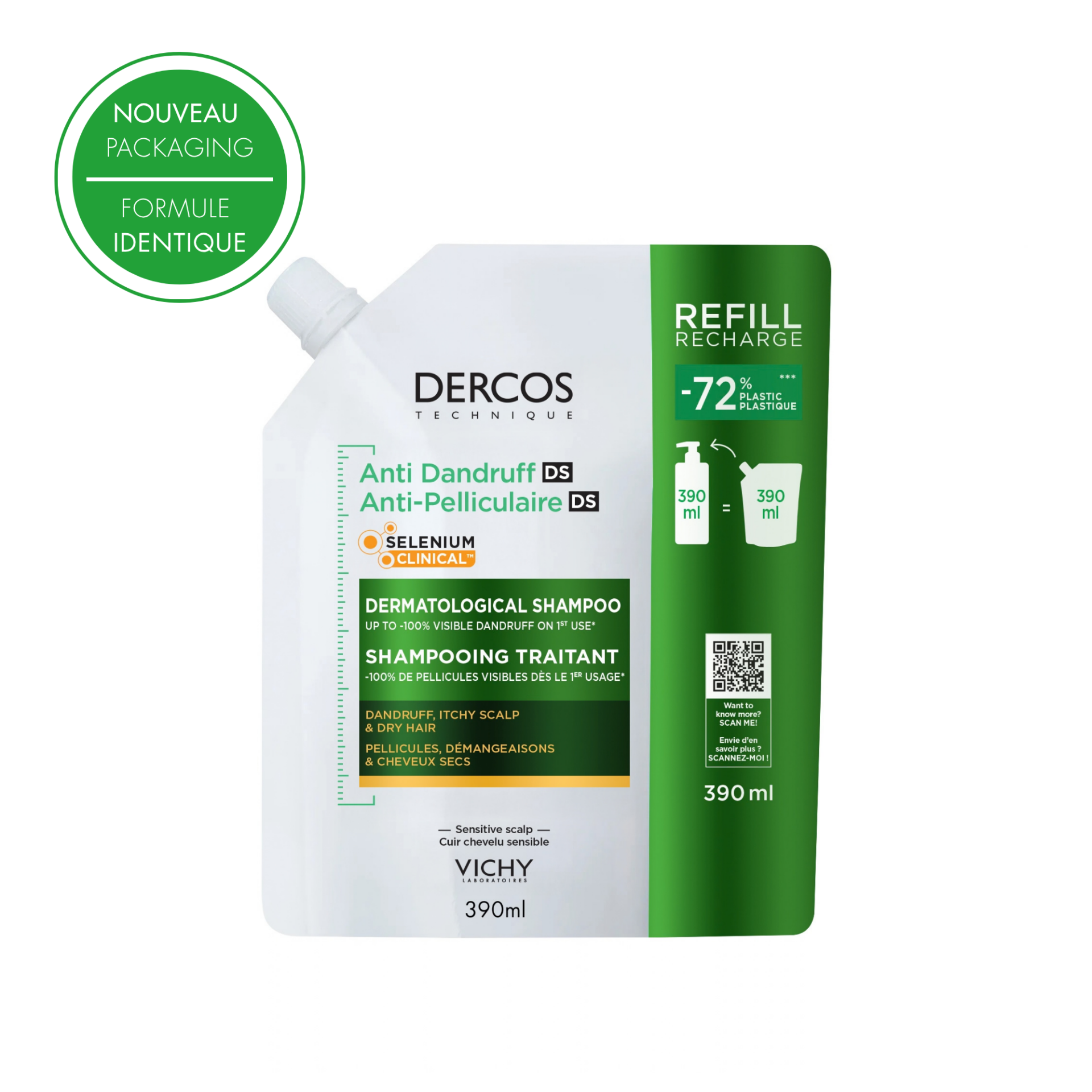 Dercos Shampoing Anti-Pelliculaire Cheveux Secs Refill Recharge 390ml