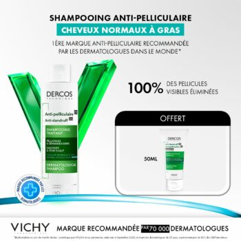 Vichy Dercos Shampoing Traitant Anti-Pelliculaire Cheveux Gras | 200ml = 1 Shampooing miniature Offert