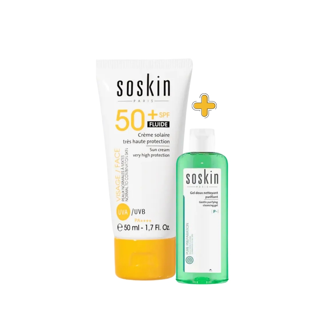 Soskin Ecran Fluide Spf50+ 50ml +Gel Nettoyant 100ml OFFERT 1 Soskin Ecran Fluide Spf50+ 50ml +Gel Nettoyant 100ml OFFERT