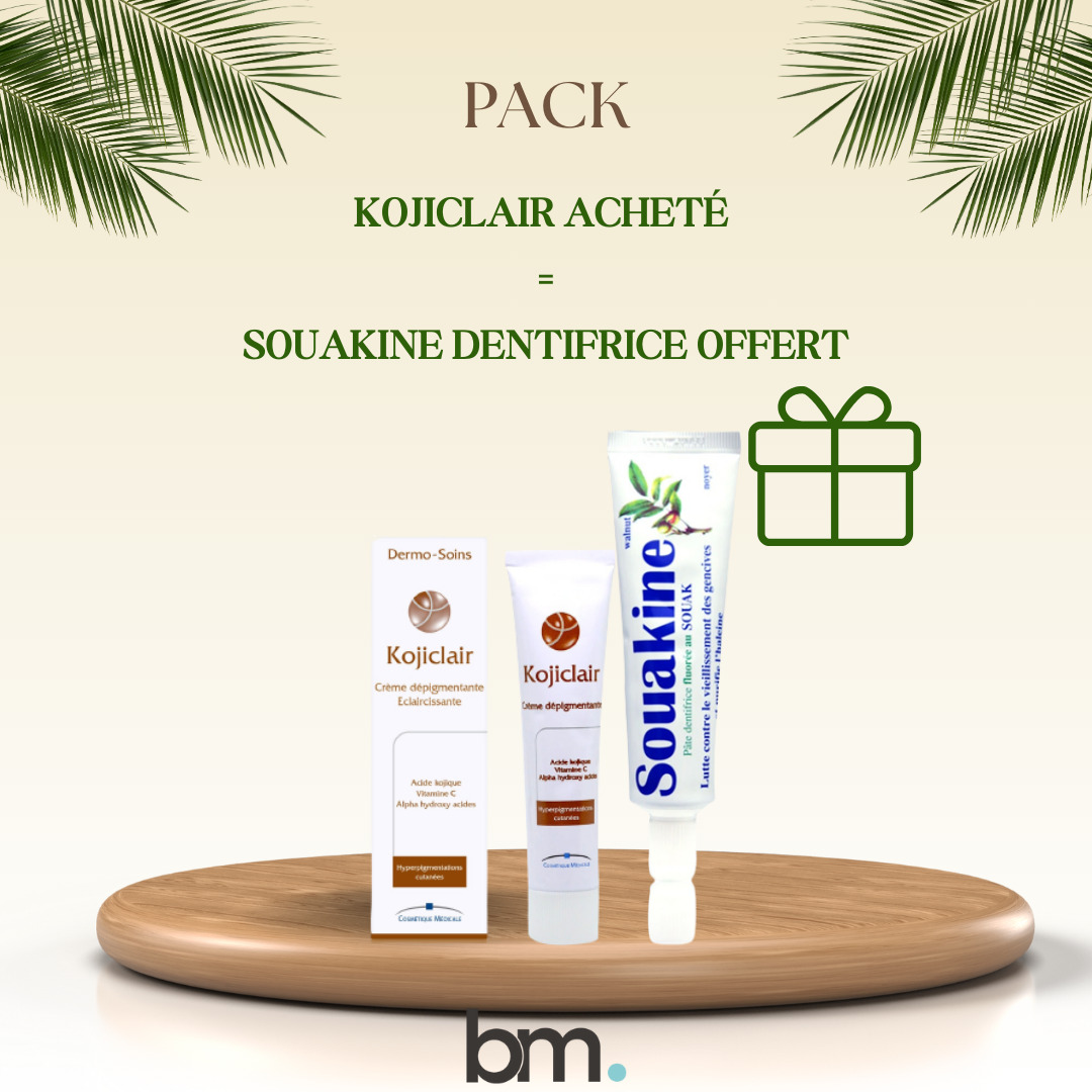Dermo-soins Kojiclair Crème éclairçissante 30ML + Souakine Dentifrice Offert 1 Dermo-soins Kojiclair Crème éclairçissante 30ML + Souakine Dentifrice Offert