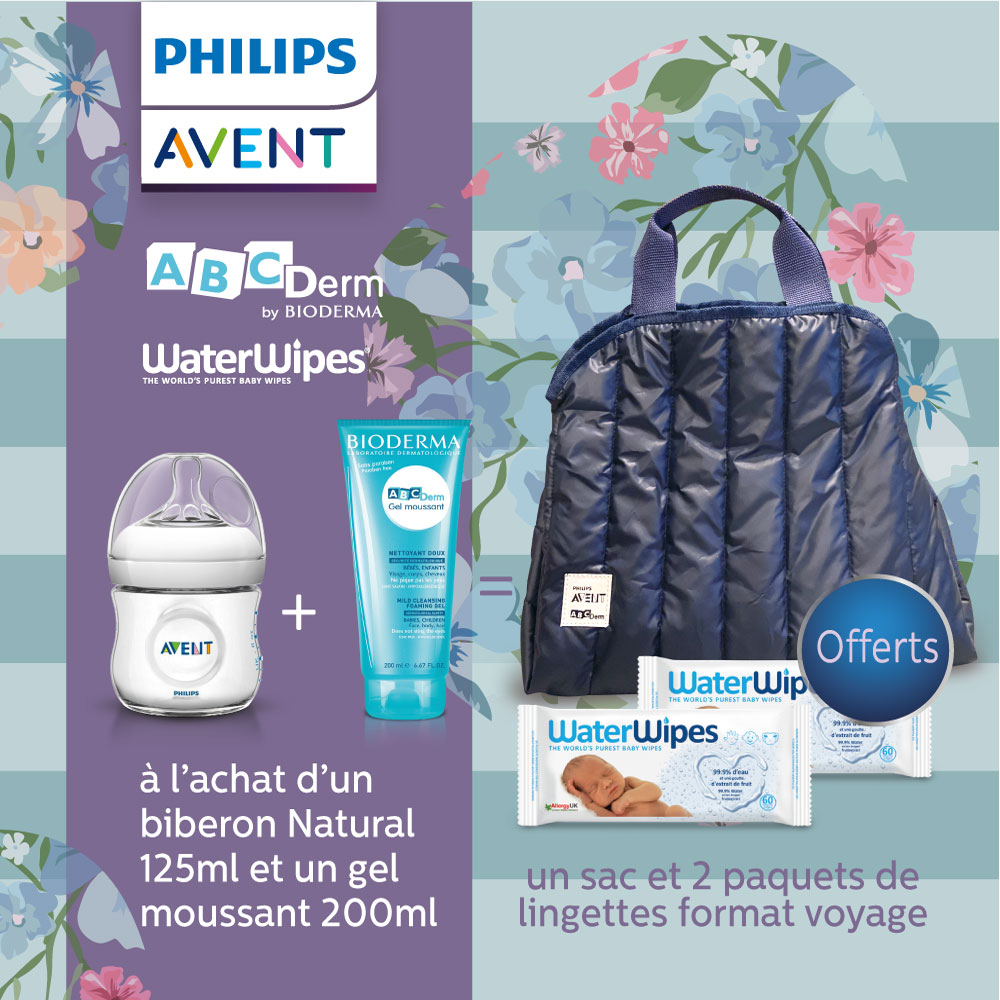 Avent Biberon natural 125ml + Abcderm Gel Moussant 200ml = 1 Sac+ 2 Packets de Lingettes Format de Voyage Offert